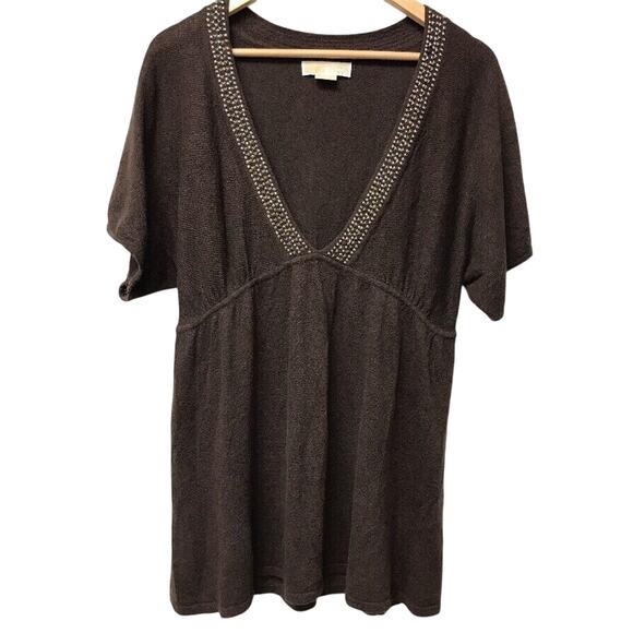 Michael Kors Sweater Womens Large Brown Sequin Stud Detail Neckline Linen - Picture 1 of 8